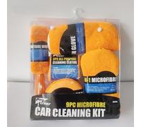 Il kit di pulizia automobilistico da 9 pezzi include guanto in microfibra per lavaggio, asciugamano, applicatore di cera, spazzola a ruota e tamponi per lucidatura per dettagli completi (arancione)