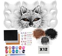 Il kit maschera Therian include 6 maschere per gatti vuote fai-da-te con 3 pellicce sintetiche, 12 fogli di rete per gli occhi, 3 tessuti in feltro, vernici a 12 colori, 1 adesivo e 2 pennelli per fe