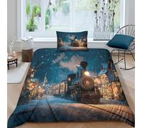 Il magico treno di Natale arriva al villaggio e alla stazione ferroviaria Stampata Copripiumino 3D Biancheria Letto Per Con E Federa ,microfibra Set 3 Pieces Adulti,Adolescenti Single(135x200cm)