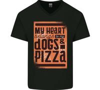 Il Mio Cuore Appartiene A Cani & Pizza Divertente Uomo Scollo A V Cotone T-Shirt