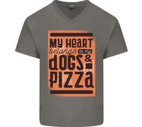 Il Mio Cuore Appartiene A Cani & Pizza Divertente Uomo Scollo A V Cotone T-Shirt