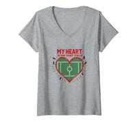 Il Mio Cuore è su Quel Campo, Passione per i Tifosi di Calcio Maglietta con Collo a V, Donna, Grigio Melange, XL