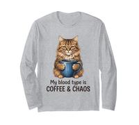 Il Mio Gruppo sanguigno è caffè Caos Amante dei Gatti Felino Caffeina Divertimento Maglia a Manica