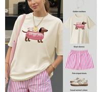 Il mio hot dog sei tu Stampa T-shirt a maniche corte oversize e pantaloncini a righe 2 pezzi set, adatto per l'estate, completo da donna, set da 2 pezzi da donna, set estivo da donna, abbigliamento da