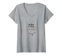 Il Mio Letto Chiama e Devo rispondere a Funny Sleep Lover Art Maglietta con Collo a V, Donna, Grigio Melange, L