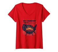 Il Mio Paese 'Tis of BBQ Maglietta con Collo a V, Donna, Rosso, L