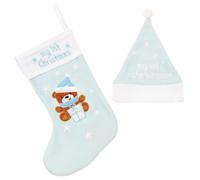 Il Mio Primo Calza Natale E Cappello Set con Ricamato Orso E Stars - Blu
