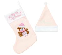 Il Mio Primo Calza Natale E Cappello Set con Ricamato Orso E Stars - Rosa