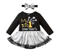 Il Mio Primo Vestito per neonata di Capodanno, Vestito per Neonato di Capodanno, Tutina a Maniche Lunghe, Set con Fascia per Capelli con Fiocco