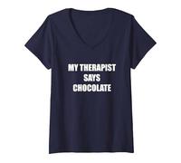 Il Mio terapeuta Dice Cioccolato Maglietta con Collo a V, Donna, Navy, L