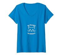 Il Mio terapeuta ha Baffi - Amante dei Gatti Salute mentale Maglietta con Collo a V, Donna, Zaffiro, L