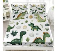 Il Mondo Dei Dinosauri Per Bambini Lenzuolo con Angoli Matrimoniale Per Ragazzi e Ragazze 140x200 cm Verde Adatto a Bambini e Adulti, Tasca Extra Profonda 30 cm Microfibra con 2 Federe