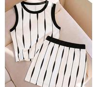 Il nuovo best seller casual per primavera ed estate è un completo di due pezzi con top a girocollo e gonna corta a righe bianche e nere in contrasto L,M,S,XLGeometricoTessuto in maglia