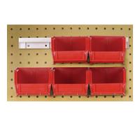 Il pacchetto Hang-n-Stack Bin include: (4) 10-7/8L x 5-1/2W x 5H (QUS230) contenitore rosso e (2) guide per contenitore