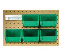 Il pacchetto Hang-n-Stack Bin include: (4) 10-7/8L x 5-1/2W x 5H (QUS230) contenitore verde e (2) guide per contenitore