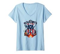 Il Partner di Old Glory Grill Maglietta con Collo a V, Donna, Celeste, L