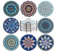 Il piattino colorato di una Mandragora - Set di 8 sughero, ceramica e vetro, motivo mandala da 4 pollici, ideale per tazze, vasi e candele, regalo di inaugurazione della casa per compleanno, cucina e