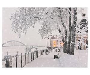 Il Ponte - Dipinto su tela con luci led integrate, raffigurante un paesaggio invernale, 40 x 30 cm