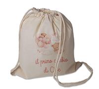 "Il Primo Cambio" Sacchetto Porta Corredino Bebè Neonato Zaino A Sacca In Cotone 130gr Personalizzato con Nome e Orsetto Peluche Idea Regalo Natale Compleanno Nuova Nascita Bambina Bimba in Arrivo