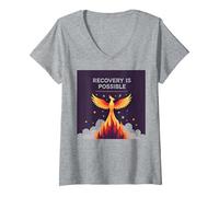 Il Recupero è Possibile Phoenix Rising Inspirational Maglietta con Collo a V, Donna, Grigio Melange, XL