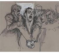 "Il serial killer del figlio di Sam† David Berkowitz manette e gridando come guardie lo tolgono dalla sala del tribunale dove è apparso il 22 maggio 1978 per condannare (1978) Poster stampato da