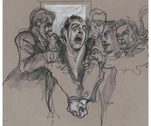 "Il serial killer del figlio di Sam† David Berkowitz manette e gridando come guardie lo tolgono dalla sala del tribunale dove è apparso il 22 maggio 1978 per condannare (1978) Poster stampato da