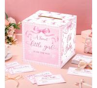 Il set a tema fiocco rosa include biglietti per la lotteria dei pannolini e una scatola per la lotteria, un cartello per il gioco "Non dire bambino" e mollette da bucato, e inserti per gli inviti. 51 