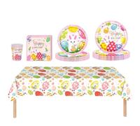Il set da tavola per feste pasquali da 69 pezzi include piatti di carta, tovaglioli e bicchieri di carta, tovaglia in plastica, set da tavola con uova di coniglietto rosa, per decorazioni da tavola
