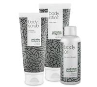 Il set di 3 olio dell'albero del tè per ridurre smagliature e cicatrici è composto da scrub corpo (200ml), olio per il corpo (150ml) e lozione per il corpo (200ml), vegano, dermatologicamente testato