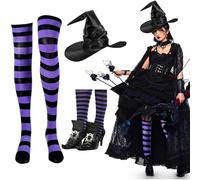 Il set di costumi da stregone di Halloween 1 comprende copertine di scarpe da stregone nero, cappello e calzini alti al ginocchio a strisce, accessorio in costume spettrale per Halloween, Dress-Up e