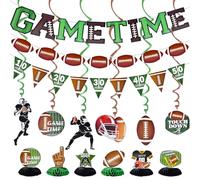 Il set di decorazioni per feste di calcio include ghirlanda di carta da calcio con bandiere triangolari, striscione per tempo di gioco, vortici da appendere a calcio, centrotavola a nido d'ape per