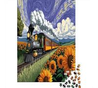 Il treno dei girasoli svolazza attraverso un mare di fiori in fiore, Puzzle Sostenibili Con Motivi Per Adulti Da Gioco in Legno Di Alta Qualità 70x50cm/1000pcs