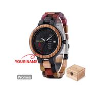 (il tuo nome-donna 4) Orologio da coppia BIRD con cinturino in legno colorato per donna, con visualizzazione