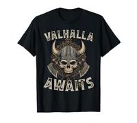 Il Valhalla attende Un Teschio Vichingo Guerriero Maglietta