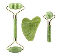 ILamourCar Rullo di Giada Gua Sha, 3 Pezzi Jade Roller Massager, 100% Naturale Strumento di Massaggio per Il Viso di Pietra di Giada, per Viso, Occhi e Collo (Verde)