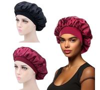 iLamvie 2 pezzi Cuffia Seta Capelli Ricci,Silk Bonnet,Berretto Da Notte Raso Elastico Per Dormire Cappello Da Notte Per Donna Berretto Da Notte Raso Per Donna Ragazza(Nero+rosso)