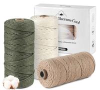 ilauke 3 filati macramè, 3 mm x 100 m, filo di cotone macramè, set di filati di cotone verde, marrone chiaro, beige, corda di cotone naturale, per lavori a maglia, boho, decorazione da parete
