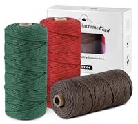 ilauke Set di 3 filati macramè, in morbido cotone macramè, 3 mm, per progetti fai da te, 3 x 100 m, corda di cotone per arazzo da parete, acchiappasogni, fioriera per fiori, rosso + caffè + verde