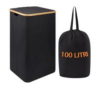 IlGruppone Cesto Portabiancheria con Coperchio Cesta Bucato 100L con Sacco Interno Removibile Tessuto Oxford Manici in bambù Pieghevole Grande Biancheria Sporca - Nero