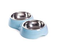 IlGruppone Ciotola Doppia per Cani e Gatti con 2 Vaschette in Acciaio Inox da 0,8 L, Dispenser Acqua e Cibo, Base in Plastica Resistente, 20,5 x 20,5 x 6 cm - Azzurro