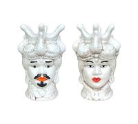 IlGruppone Coppia Vasi Testa di Moro Stile Siciliano Vaso Dipinto A Mano Vasetto Piante da Interno Re Regina Soprammobile Design Regalo Bomboniera Souvenir Caltagirone. - Bianchi