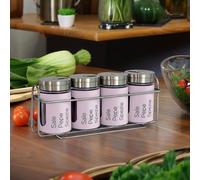 IlGruppone Set 4 Contenitori in Vetro Cucina Portaspezie 90 Ml con Espositore in Metallo Barattoli Moderni Sale Pepe Rotondi Tappo Girevole Acciaio per Regolazione con Moderne Scritte - Glicine