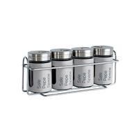 IlGruppone Set 4 Contenitori in Vetro Cucina Portaspezie 90 Ml con Espositore in Metallo Barattoli Moderni Sale Pepe Rotondi Tappo Girevole Acciaio per Regolazione con Moderne Scritte - Grigio