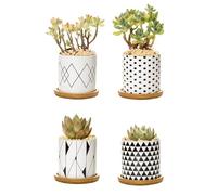 IlGruppone Set 4 Pezzi Vasi In Ceramica Con Decorazioni Fiori Piante Grasse Con Sotto Vaso In Bambù Foro Centrale Vasetti Cactus Decorazione Interno Esterno Con Foro Scarico Contenitore - 9Geometrico