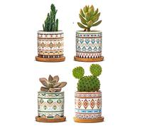 IlGruppone Set 4 Pezzi Vasi In Ceramica Con Decorazioni Fiori Piante Grasse Con Sotto Vaso In Bambù Foro Centrale Vasetti Cactus Decorazione Interno Esterno Con Foro Scarico Contenitore - 7Mantra