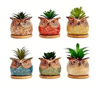 IlGruppone Set 6 Pezzi Vasi In Ceramica Fiori Piante Grasse Gufi Con Sotto Vaso In Bambù Foro Centrale Cactus Decorazione Interno Esterno Casa Vasetto Con Foro Scarico Fioriera Contenitore - 3Civette