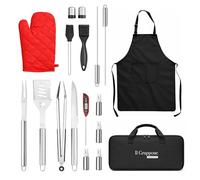 IlGruppone Set BBQ Professionale con Termometro Carne - Accessori Barbecue in Acciaio Inox 430 Alimentare con Pinza, Spatola, Forchettone, Coltello, Grembiule Kit 7 o 17 Pezzi - Kit 17 Pezzi