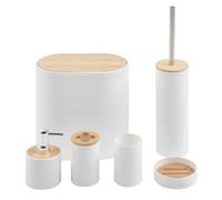 IlGruppone Set Completo Accessori Bagno 6 Pezzi Design Moderno in Plastica e bambù Incluso Cestino Pattumiera,Dispenser Sapone, PortaSaponetta, Porta Spazzolini - Bianco