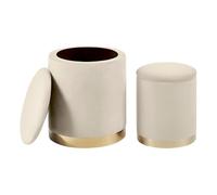 IlGruppone Set Di 2 Pouf Contenitore In Velluto Design Moderno Poggiapiedi,Sgabello Tondo con Coperchio Rimovibile e Seduta Imbottita Alta Densità Con Fascia In Metallo Capiente Storage Box- Beige