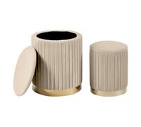 IlGruppone Set Di 2 Pouf Contenitore In Velluto Design Moderno Poggiapiedi,Sgabello Tondo con Coperchio Rimovibile e Seduta Imbottita Alta Densità Con Fascia In Metallo Capiente Storage Box Tortora